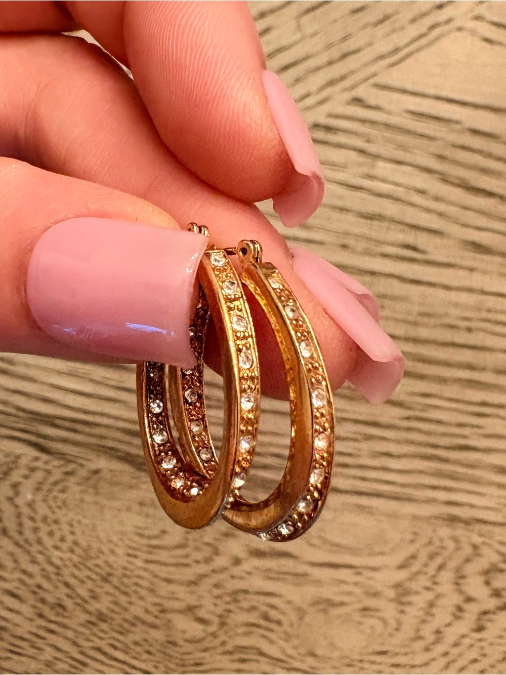 Gold-Tone Crystal Hoop Earrings with Pink Enamel Accent